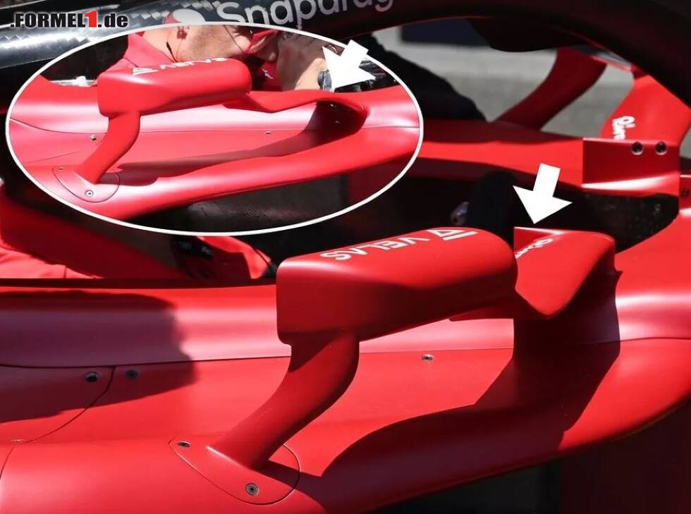 Foto zur News: Die neue Rückspiegel-Halterung am Ferrari F1-75 beim Formel-1-Rennen in Baku 2022