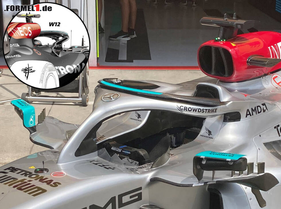 Foto zur News: Bumerang-Winglets am Halo des Mercedes W13 (im Kreis zum Vergleich die Lösung des W12)