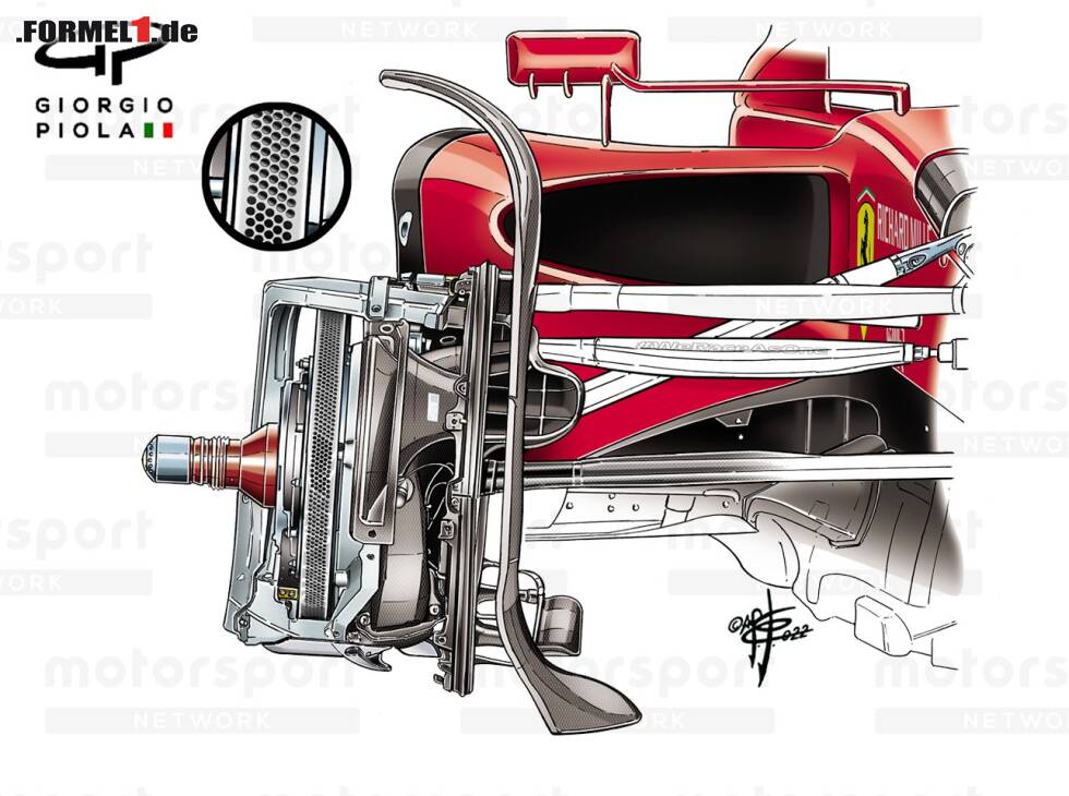 Foto zur News: Ferrari F1-75 mit offenliegender Bremsscheibe