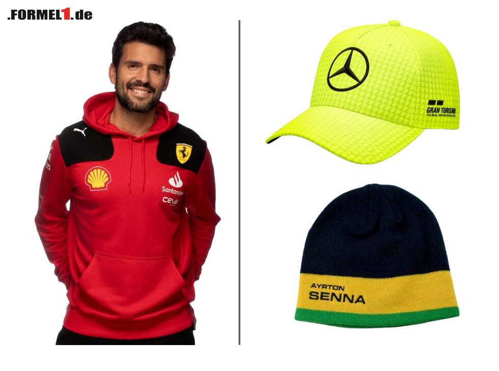 Foto zur News: Scuderia Ferrari Team Kapuzenpullover, Original Driver Cap von Lewis Hamilton in gelb, Ayrton Senna Beanie