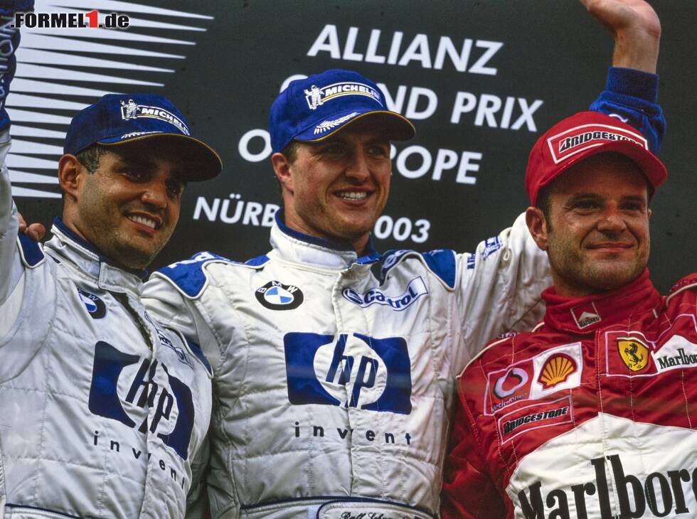 Foto zur News: Ralf Schumacher, Juan Pablo Montoya und Rubens Barrichello jubeln zusammen auf dem Formel-1-Podium