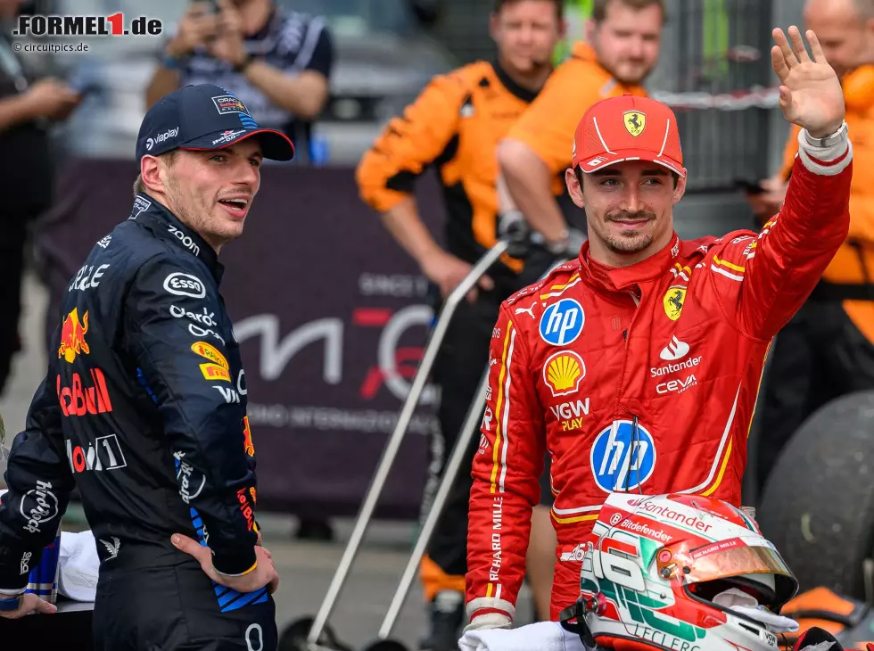 Foto zur News: Charles Leclerc und Max Verstappen nach dem Formel-1-Rennen in Imola 2024