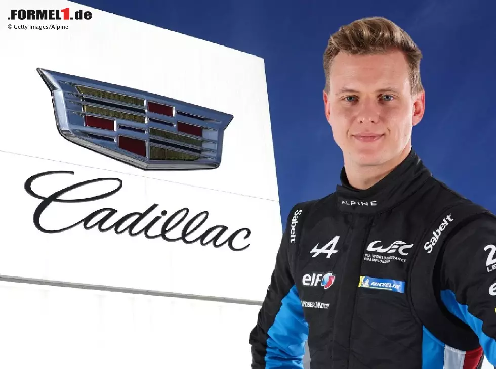 Foto zur News: Mick Schumacher posiert vor einem Cadillac-Logo (Fotomontage)