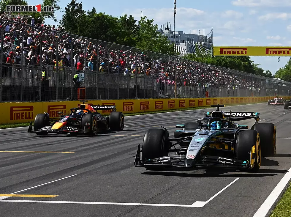 George Russell (Mercedes W16) vor Max Verstappen (Red Bull RB21) beim Formel-1-Rennen in Kanada 2025 Foto zur News: George Russell (Mercedes W16) vor Max Verstappen (Red Bull RB21) beim Formel-1-Rennen in Kanada 2025