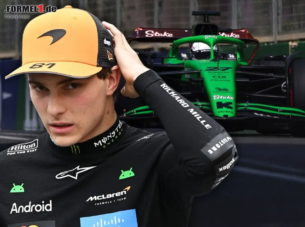 Foto zur News: Fotomontage: Oscar Piastri vor dem Sauber C45 von Nico Hülkenberg