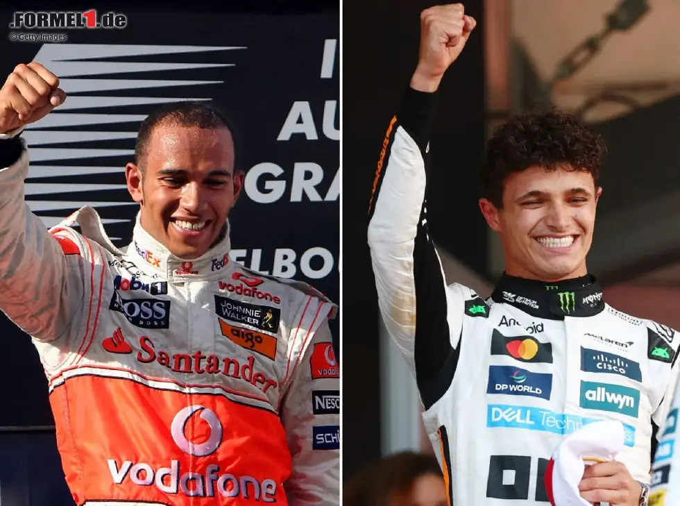 Foto zur News: Fotomontage: Lewis Hamilton und Lando Norris jubeln in ihrem ersten Titeljahr