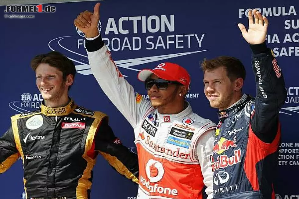 Foto zur News: Romain Grosjean, Lewis Hamilton, Sebastian Vettel